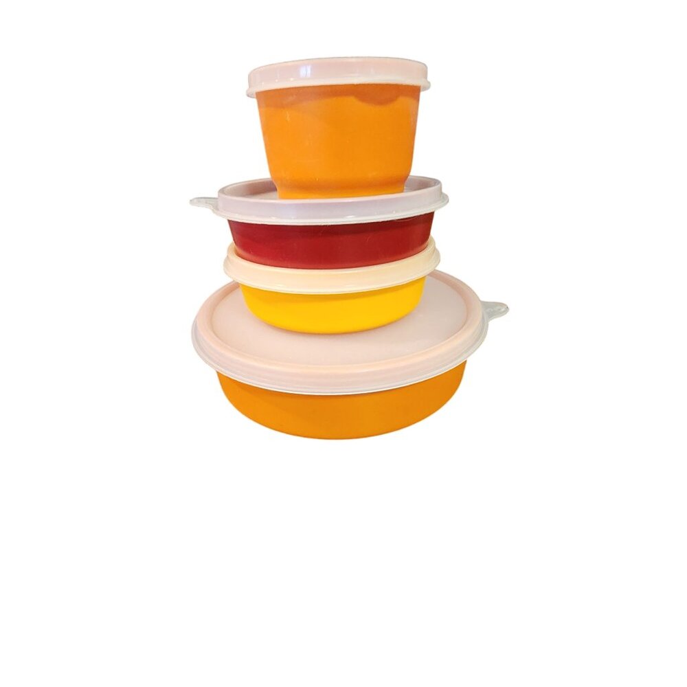 Vintage Tupperware Stacking Bowls With Lids 4-Piece Set Orange & Red